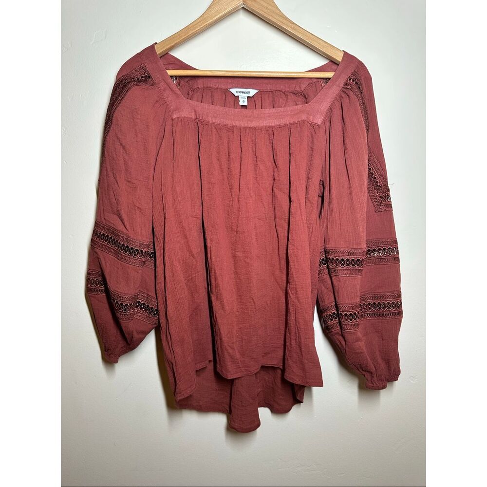 🌸 Express Brown Clay Brick Boho Long Puff Sleeve Top Size Medium